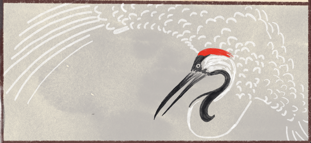 Image: A beige rectangular drawing of a white, red, and black bird with a brown outline along the edges. Created by Gaby Febland.